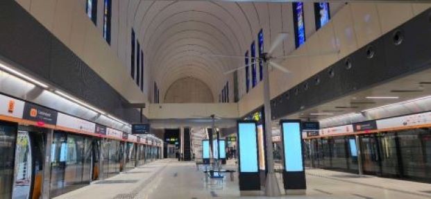 Cantonment MRT station platform, built below the historic Tanjong Pagar Railway Station and integrating its heritage design