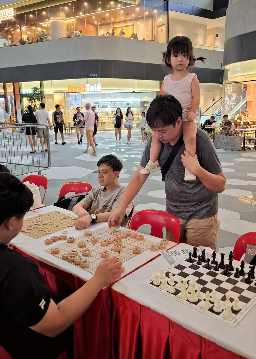 A group of people engaged in a game of chess at a community event.