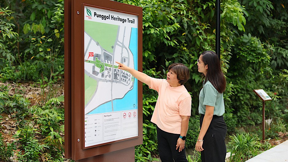 Map board on Punggol Heritage Trail showing the open first 400 metres and later phases