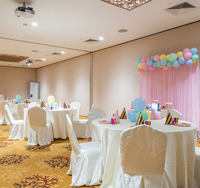 Function room kids party setup at SAFRA Punggol Level 3, next to the atrium used for Deepavali crafts