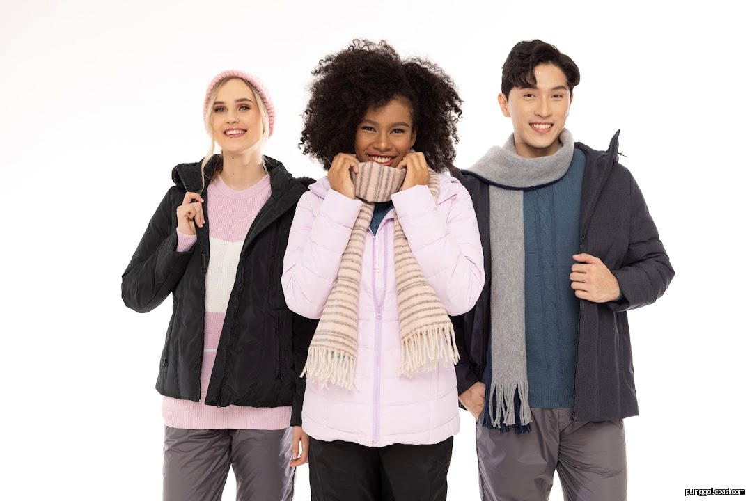 Three models wearing winter jackets, scarves, and hats on a white background.
