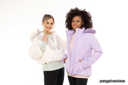 Two women model winter jackets against a white background.