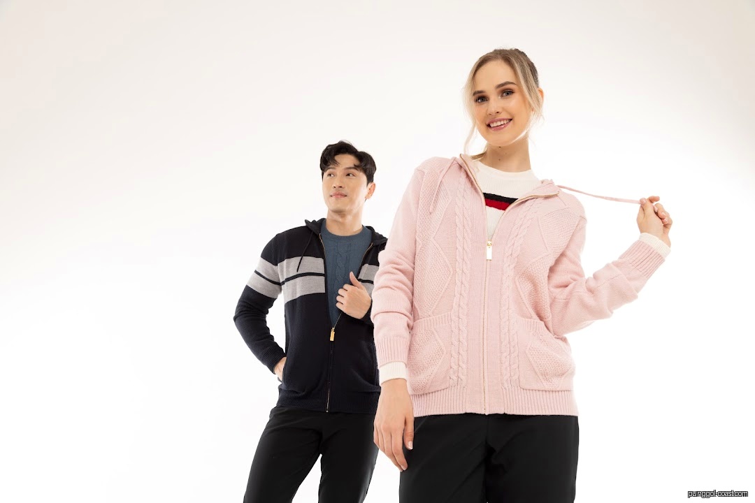 Two models wearing hooded jackets against a plain white background.