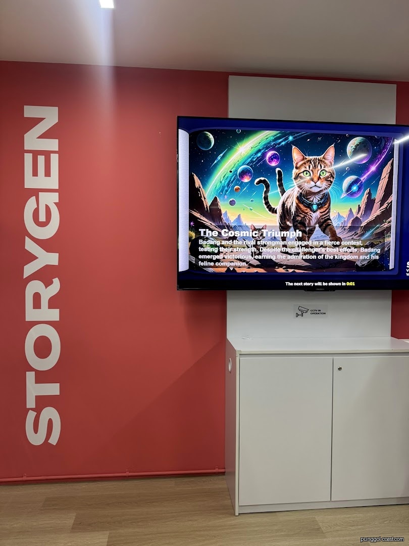 Red wall with 'STORYGEN' text and a screen displaying a cat story.