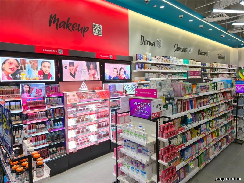 Interior view of a Watsons store with makeup, skincare, and haircare products.