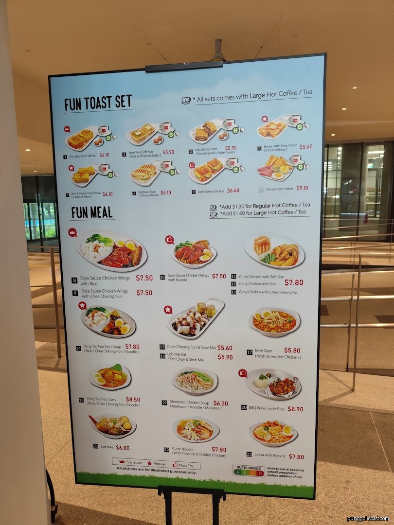 A large menu board displaying various food items and their prices.