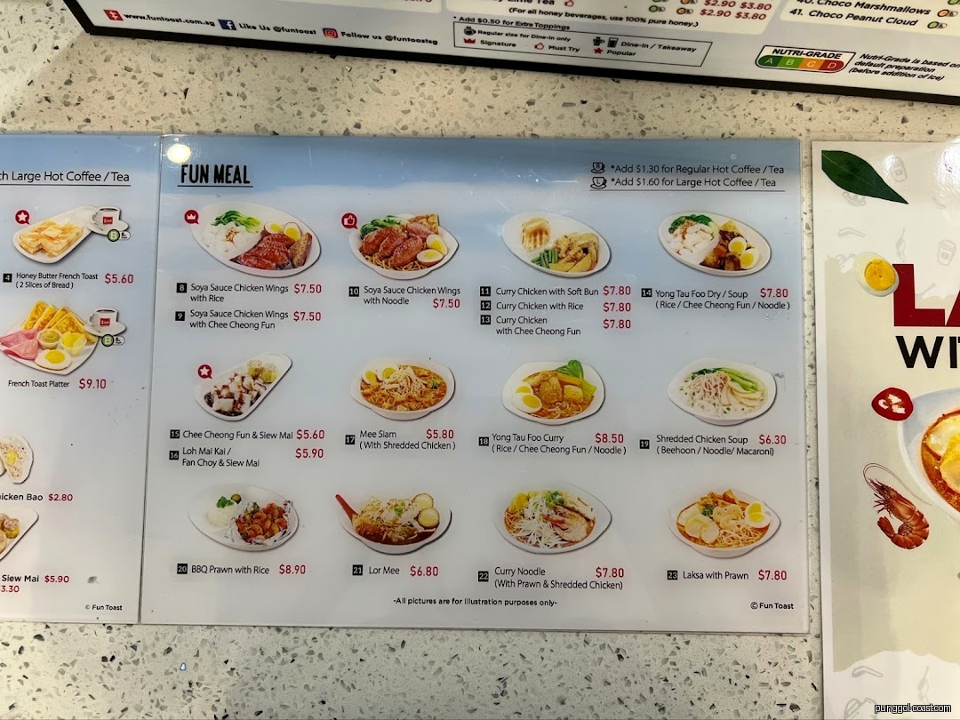 A detailed food menu board displaying various dishes, prices, and descriptions.