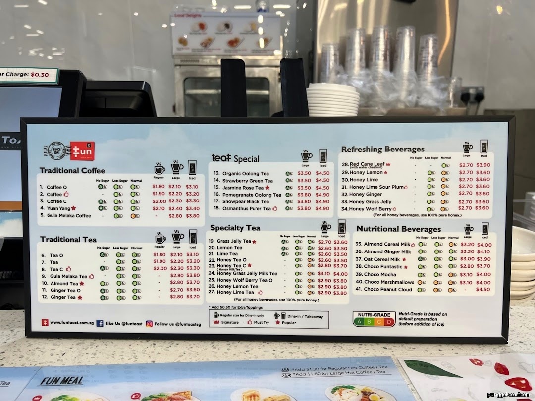 A large menu board displaying various coffee and tea beverages with prices.