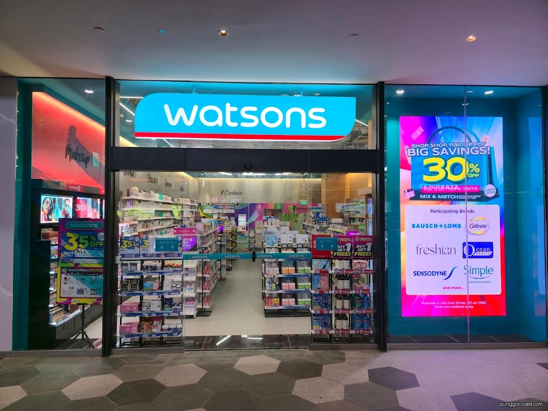 Watsons shop front with entrance and promotional displays.