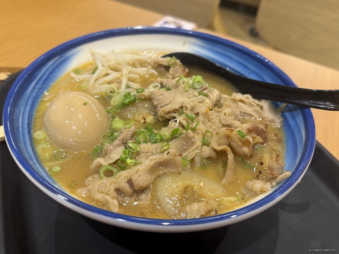 Close-up of a hearty bowl of ramen with meat, egg, and vegetables.