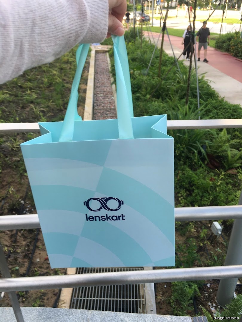 Person holding a Lenskart shopping bag outdoors.