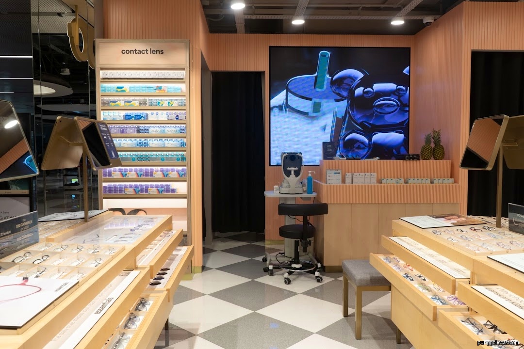 Interior of an optical shop with eyewear displays, contact lenses, and eye exam equipment.