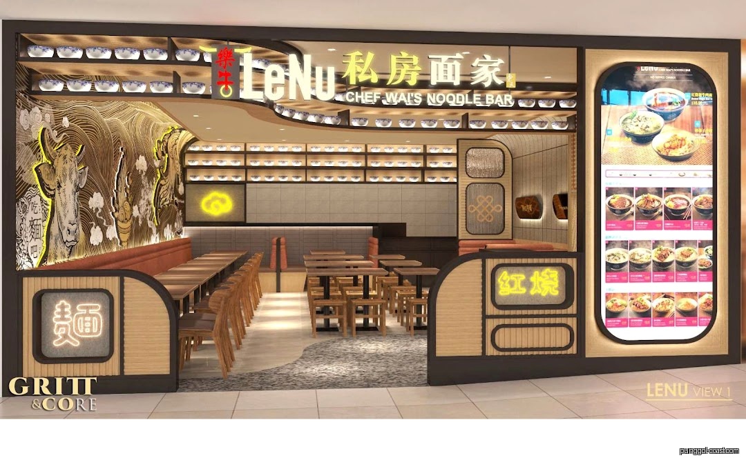 LeNu noodle bar storefront showing interior seating and a digital menu.