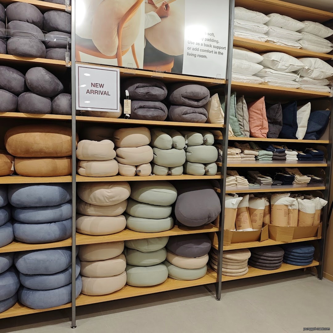 Shelves filled with various soft cushions and pillows in a retail store.