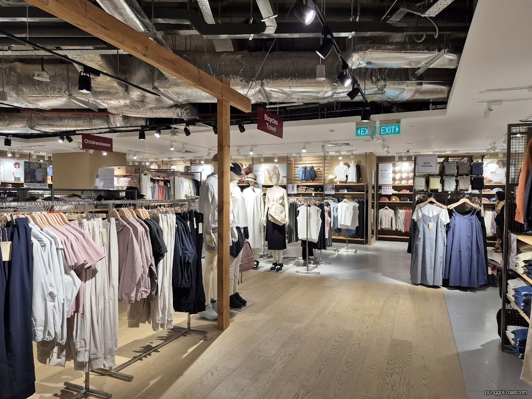 Interior view of a clothing retail store with racks, mannequins, and shelves.