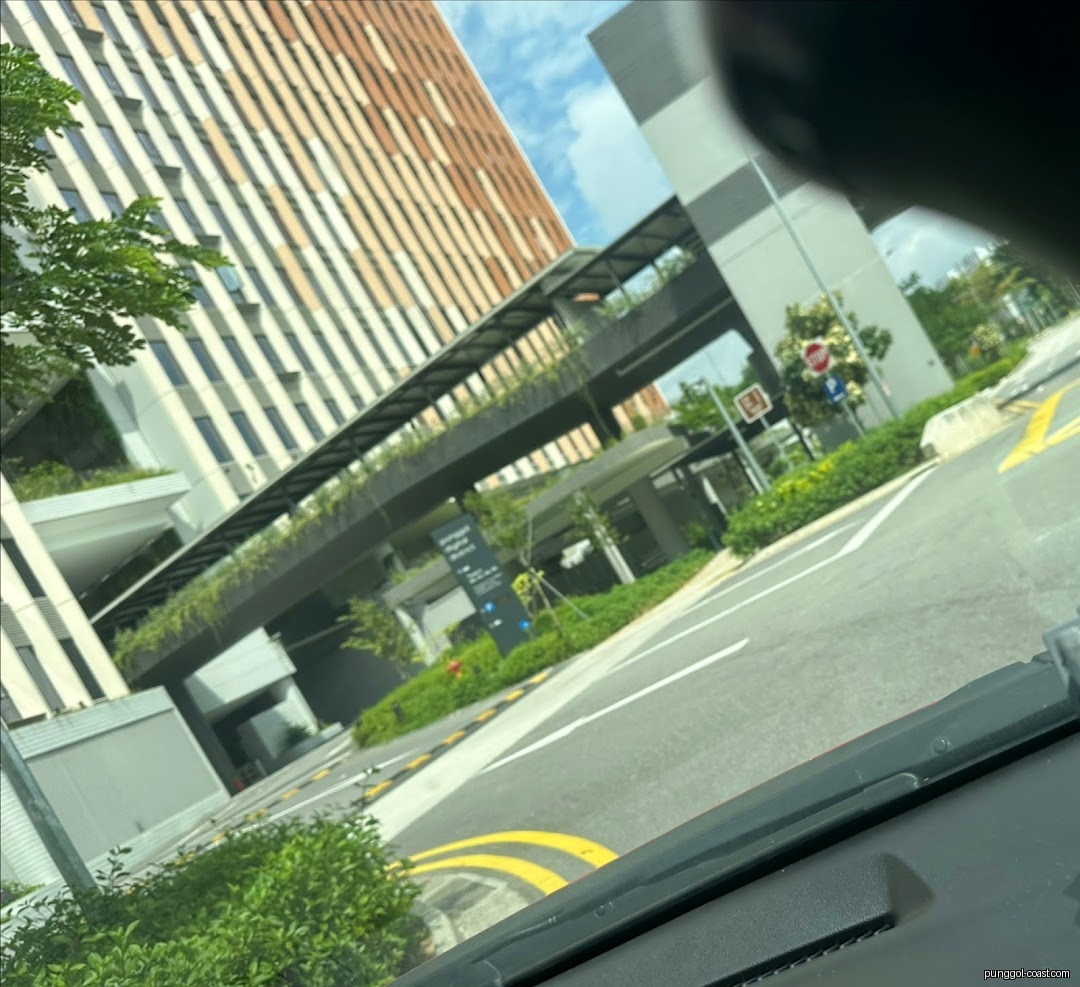 View of a modern building, road, and overhead walkway near a carpark entrance.