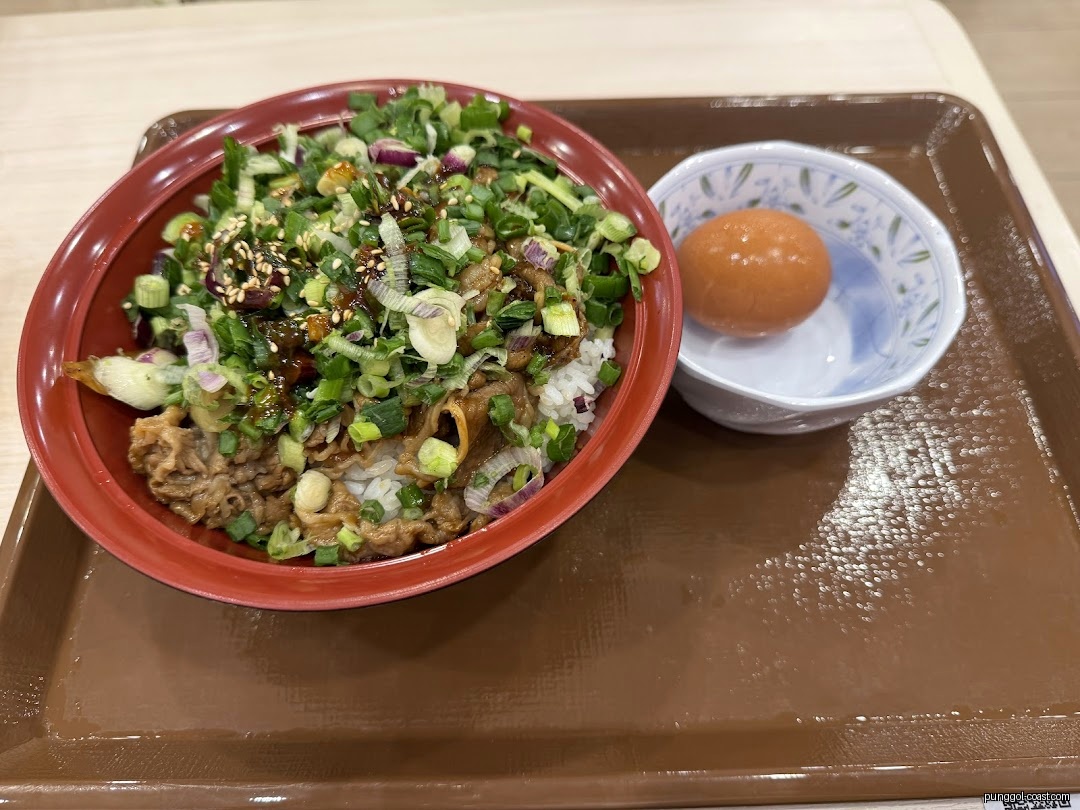 A bowl of gyudon with green onions and a raw egg on a brown tray.