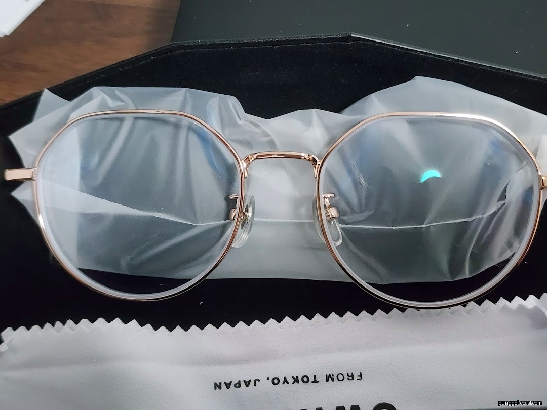 New eyeglasses in case with cleaning cloth.
