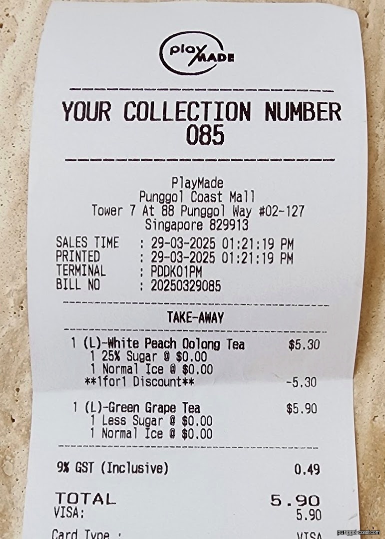 Close-up of a PlayMade receipt showing tea purchases and total.