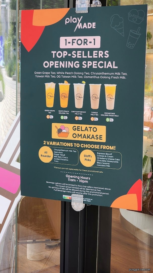 Sign displaying 1-for-1 promotion for drinks and gelato flavors.