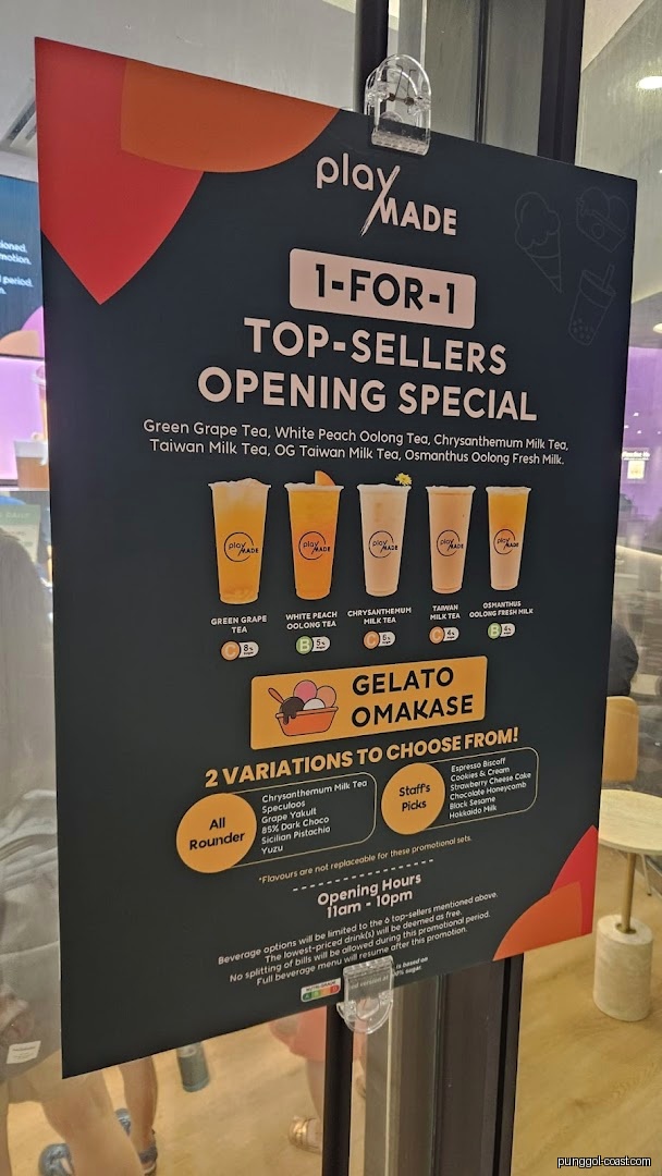 Promotional menu board for 1-for-1 drinks and gelato specials.