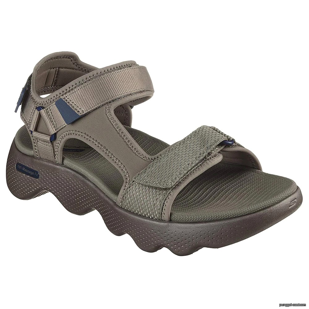 Single olive-colored Skechers sandal with adjustable straps on a white background.