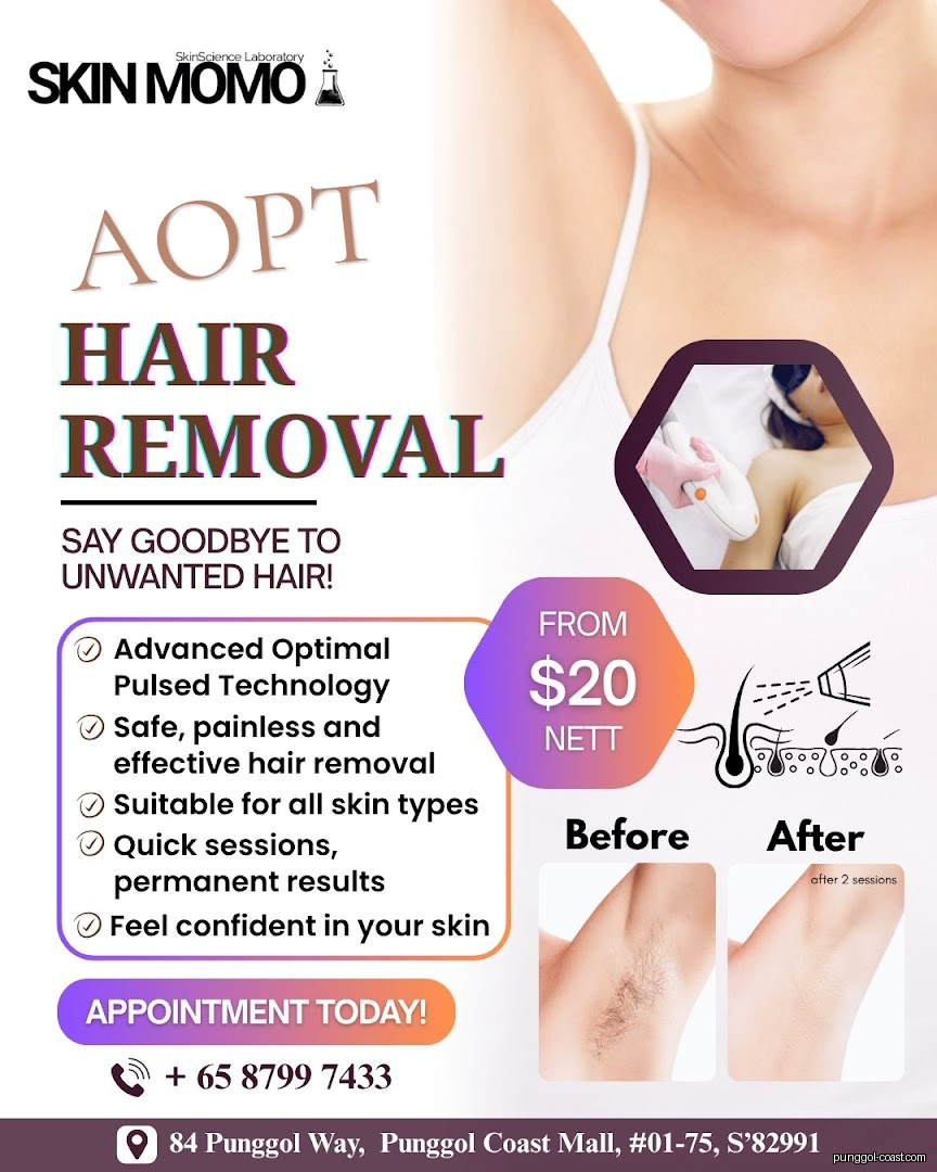 Advertisement for AOPT hair removal service with pricing and before/after images.