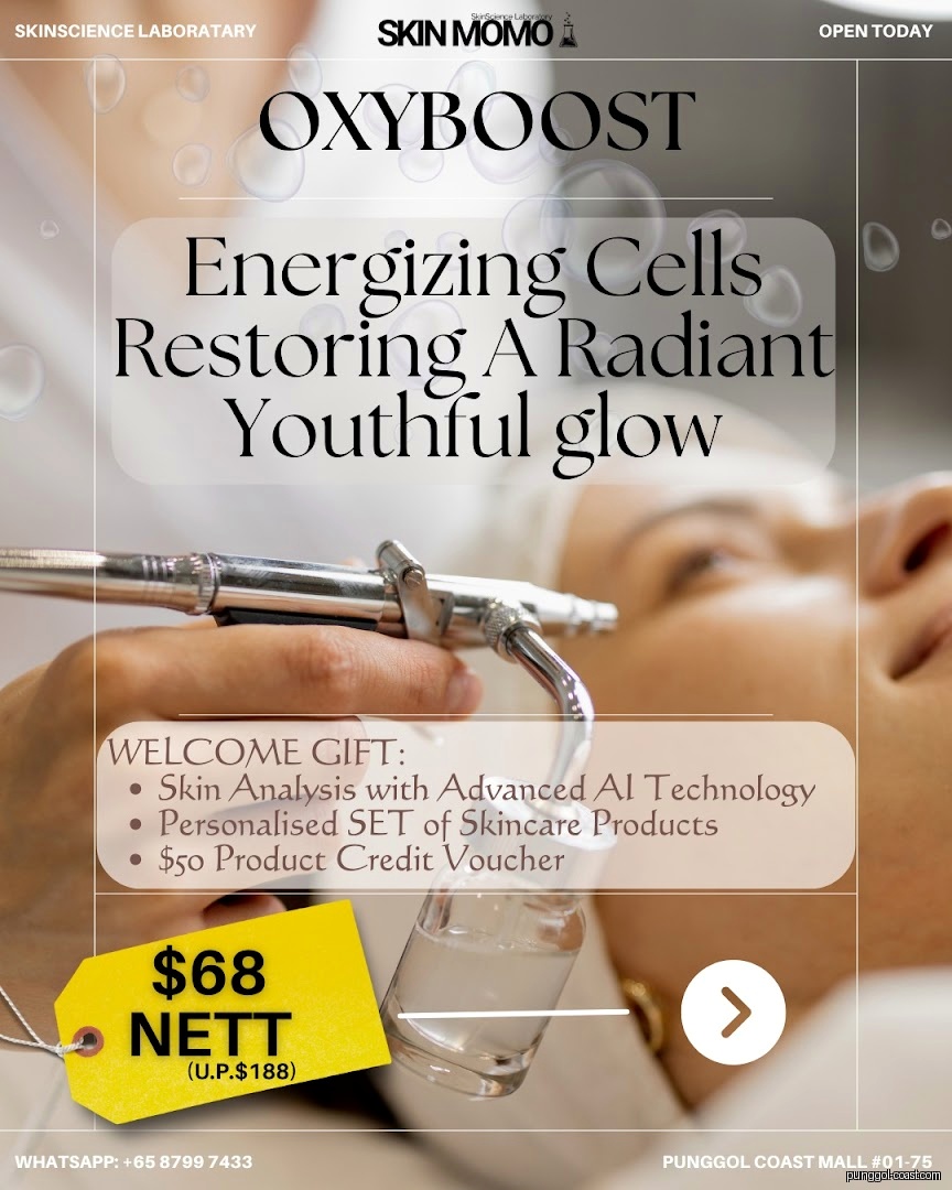 Advertisement for OXYBOOST facial treatment showing price and welcome gift offer.