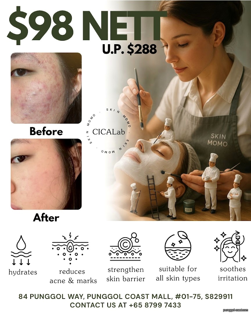 Skincare treatment advertisement with pricing, before/after images, and benefits.