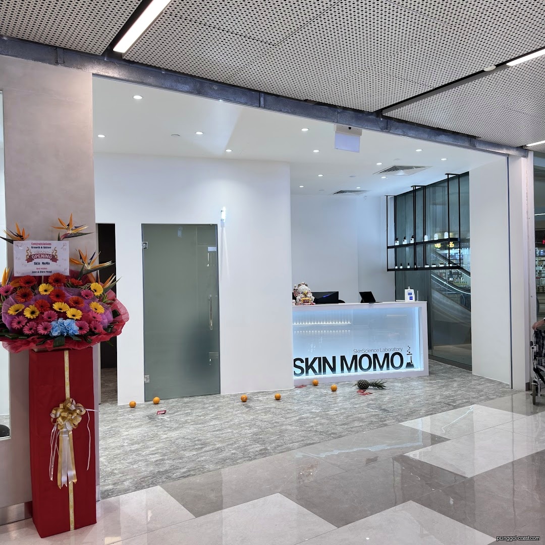 Entrance of SKIN MOMO shop with reception desk and floral arrangement.