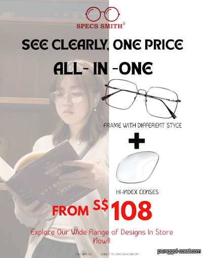 Promotional image for Specs Smith³ showing glasses package deal from S$108.