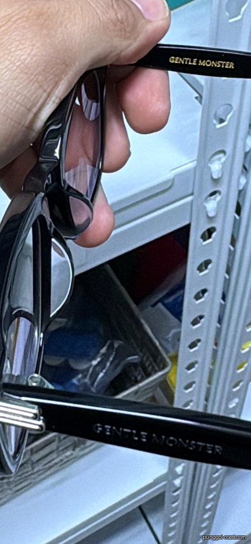 Hand holding black Gentle Monster glasses with shelves in the background.