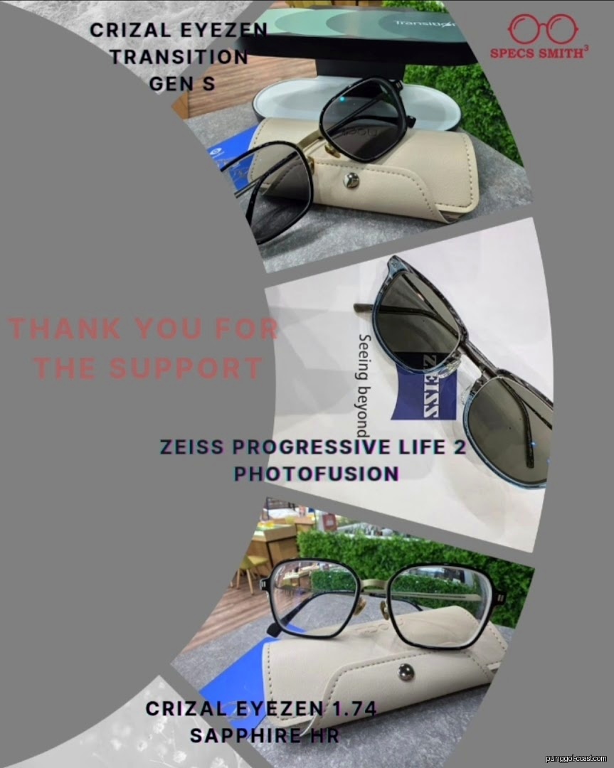 Collage showing various eyeglasses with descriptions of different lens technologies.