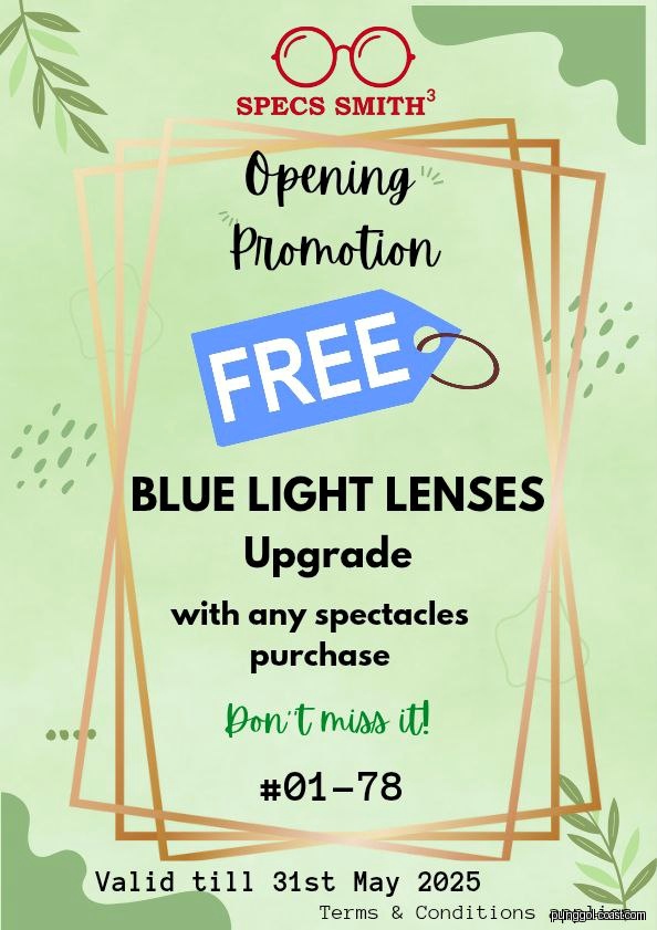 Promotional poster for Specs Smith³ offering free blue light lens upgrade.