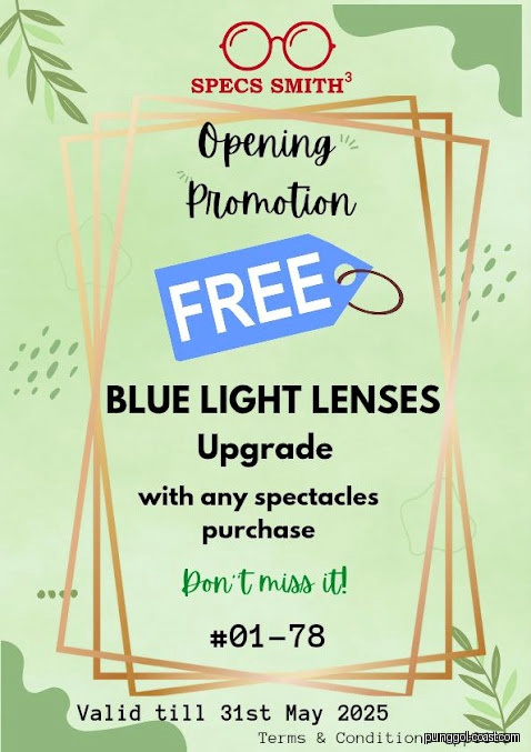 Promotional poster for Specs Smith³ offering free blue light lenses upgrade.