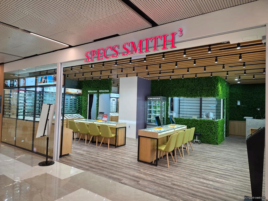 Entrance of Specs Smith³ eyeglasses shop with interior displays and seating.