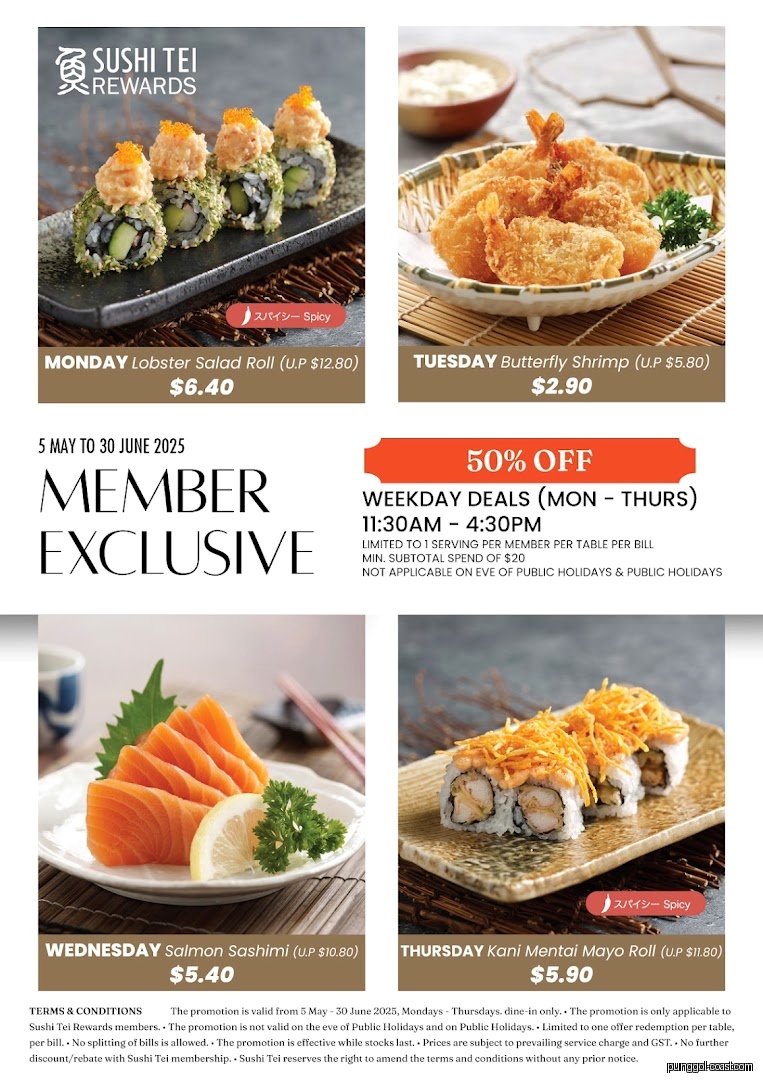 Promotional menu displaying daily food deals and prices for Sushi Tei.