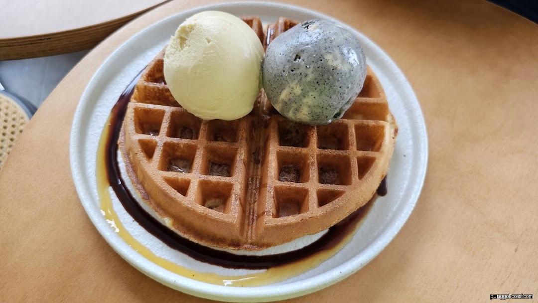 Waffle with two scoops of ice cream and syrup on a white plate.