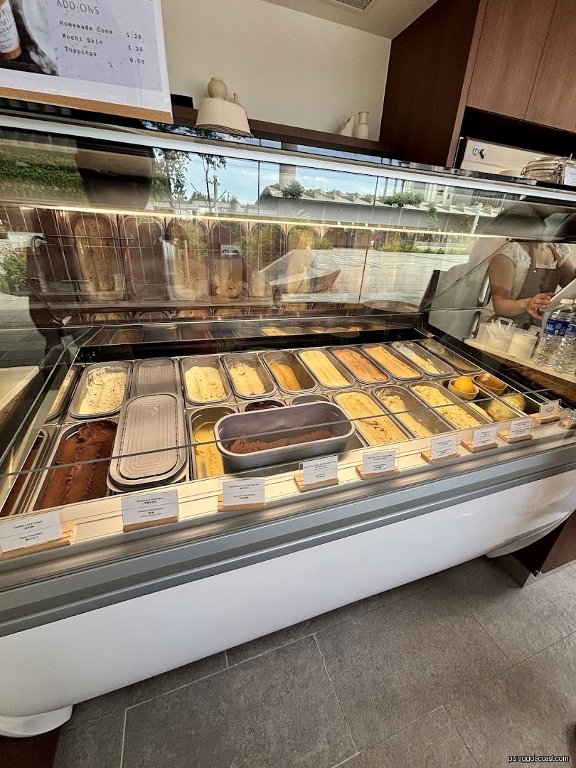 Ice cream display freezer with many flavors inside a shop.