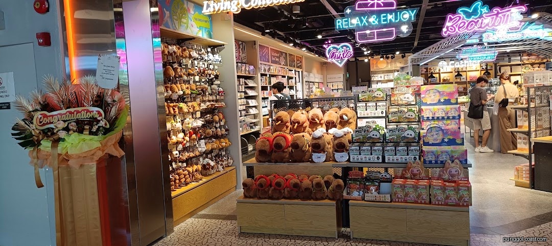 Interior view of a vibrant retail shop with various products and customers.
