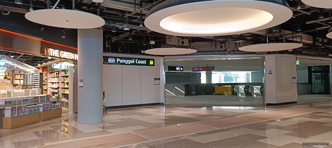 The Green Party shop entrance next to a Punggol Coast station sign.