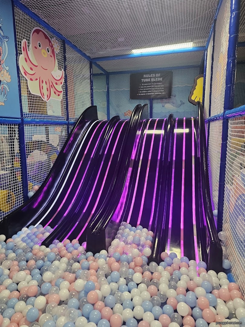 Indoor play area featuring a purple tube slide descending into a colorful ball pit.