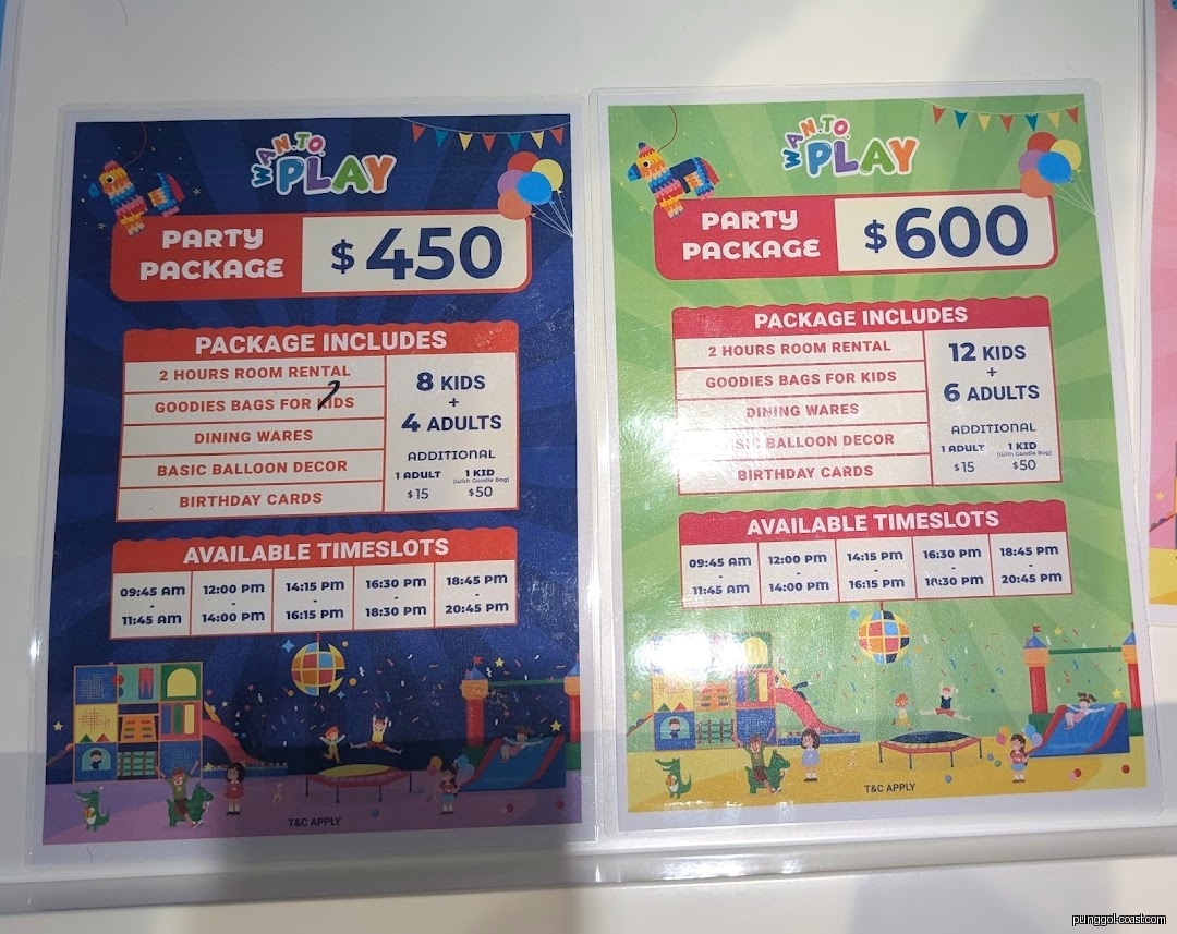 Two party package price lists with inclusions, prices, and available timeslots.