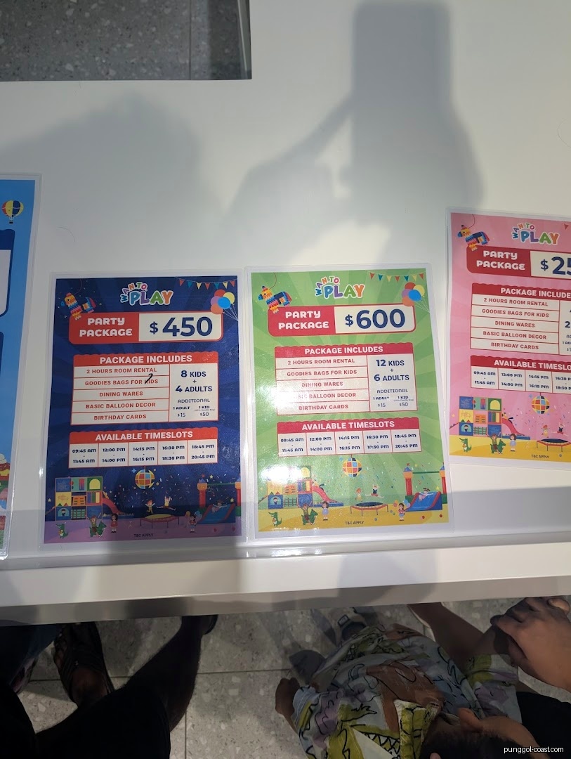 Party package price lists with available timeslots and inclusions.
