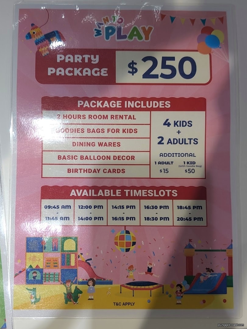 Party package price list with inclusions and available timeslots.
