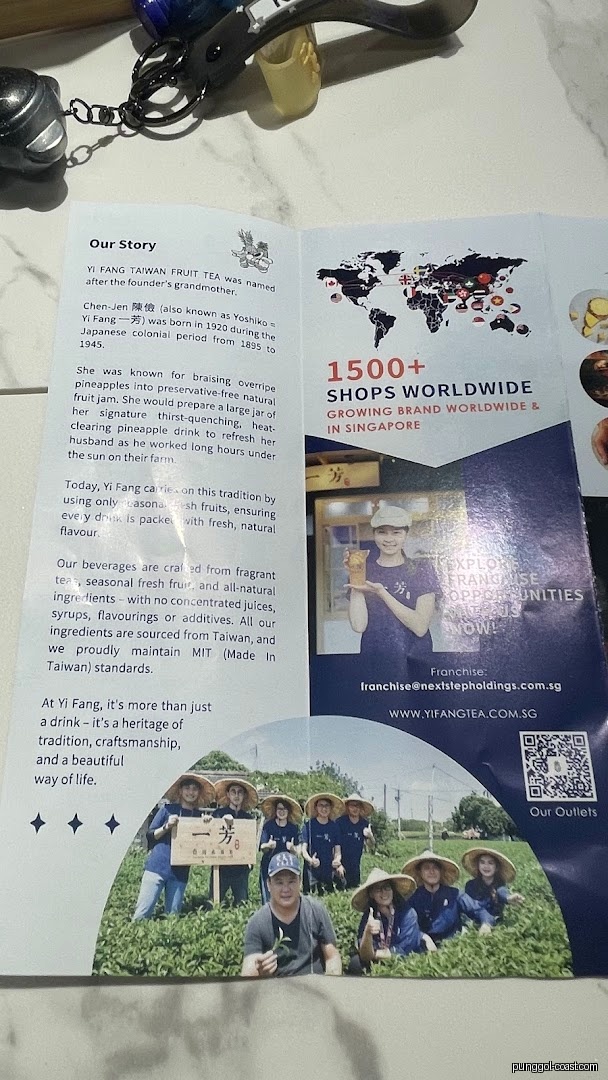 Brochure detailing Yi Fang Taiwan Fruit Tea's brand story, ingredients, and global presence.